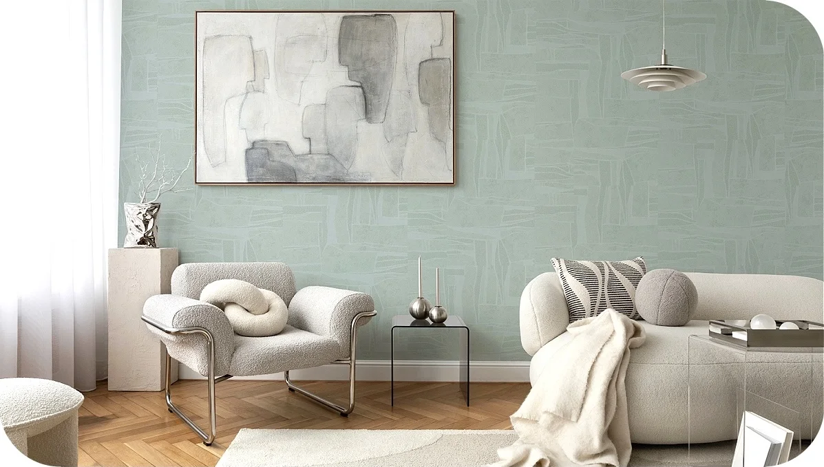 living room blue mural